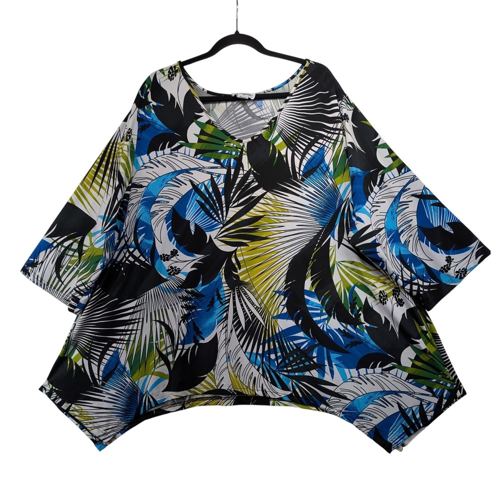 Anthony Richards 4X Tropical Print Poncho‎ Top Blue Green V-Neck Sharkbite Tunic